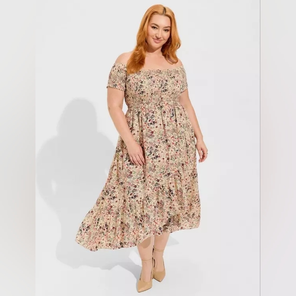 Torrid Maxi Challis Tulip Hem Off Shoulder Dress Floral‎ Ivory Pink WOMEN'S 2X